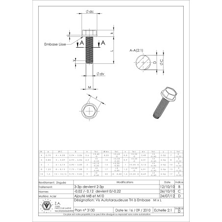 1 x Tornillo autorroscante cabeza hexagonal resalto reborde liso M8X35 Acero cincado blanco