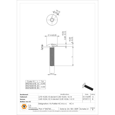 1 x Tornillo metales poelier cabeza redonda ancha llave de 4 M6X16 Inox