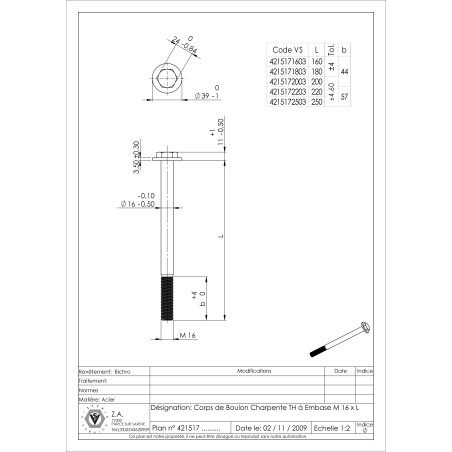 1 x Cuerpo de perno roscado parcial estructura cabeza hexagonal resalto reborde M16X225 Bicromato