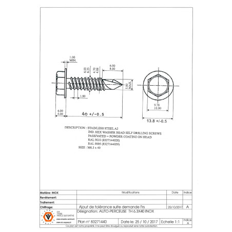 1 x Tornillo autoperforante cabeza hexagonal 6.3X40 Inoxidable A2 RAL9005 negro intenso