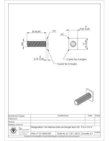 1 x Tornillo metales cabeza rectangular M6X20...