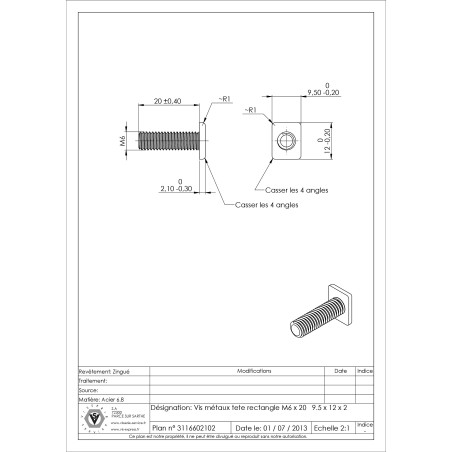 1 x Tornillo metales cabeza rectangular M6X20 9,5 x 12 x 2 Acero cincado blanco