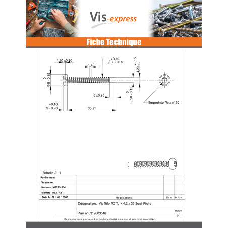 1 x Tornillo chapa cabeza abovedada ancha 4.2X35 Inoxidable A2 TORX T20 punta guía