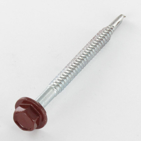 1 x Tornillo autoperforante cabeza hexagonal resalto reborde liso 6.3X75 Acero cincado blanco RAL8012 pardo rojo