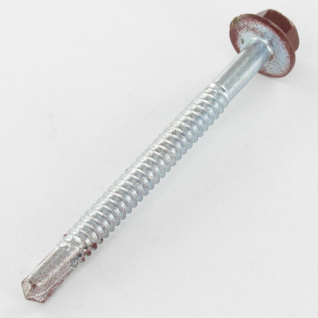 1 x Tornillo autoperforante cabeza hexagonal resalto reborde liso 6.3X75 Acero cincado blanco RAL8012 pardo rojo