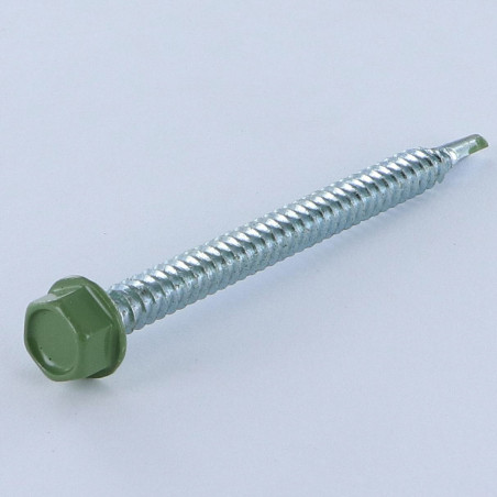 1 x Tornillo autoperforante cabeza hexagonal 6.3X75 rosca chapa Acero cincado blanco RAL6011 verde reseda