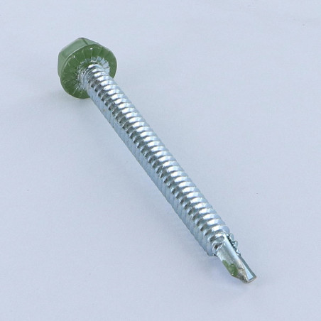1 x Tornillo autoperforante cabeza hexagonal 6.3X75 rosca chapa Acero cincado blanco RAL6011 verde reseda
