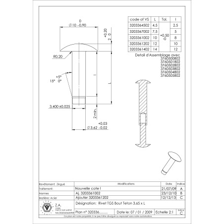 1 x Remache macizo cabeza bombeada 3,65 x 10 punta espiga Espiga Acero cincado blanco