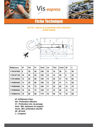 1 x Taco Anclaje + Gancho broca 9 M6X45 Acero...