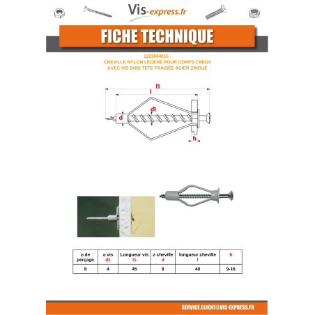 1 x Taco Nylon 8X40 con Tornillo madera cabeza fresada/testa svasat 4X45