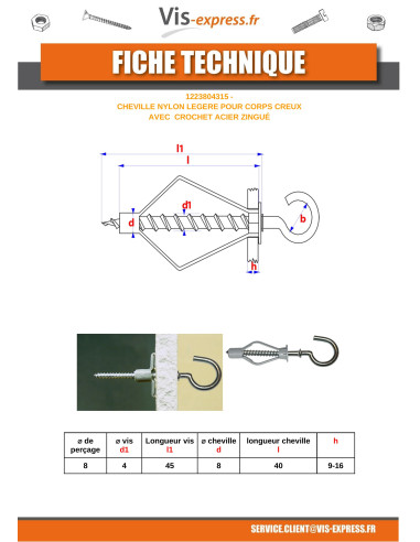 1 x Taco Nylon 8X40 con Gancho con reborde 4X45