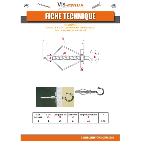 1 x Taco Nylon 8X40 con Gancho con reborde 4X45