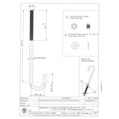 1 x Pernos anclaje M18X357 roscado en 150 +2 Tuerca +2 Arandela Acero cincado blanco