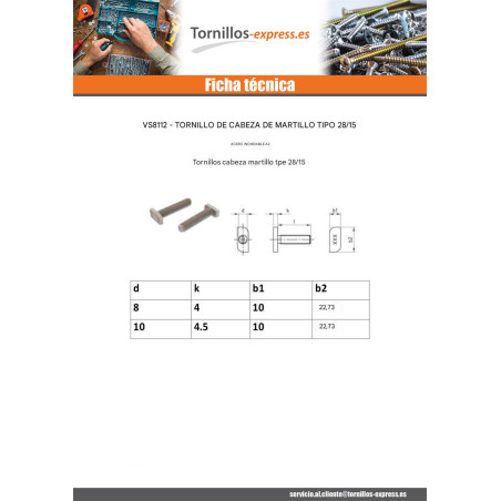 1 x Tornillo metales cabeza martillo 10X4.5X22.73 M8X30 Inoxidable A2 para 28/15 perfiles
