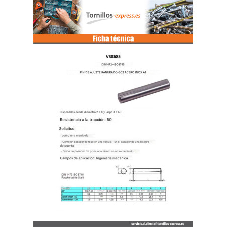1 x Pasador estriado de ajuste G02 Inoxidable A1 6X25