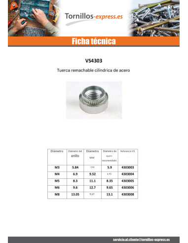 1 x Tuerca para remachar cilíndrico M8 grosor...