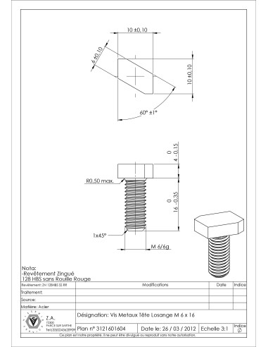 1 x Tornillo metales cabeza rombo M6X16 Acero...