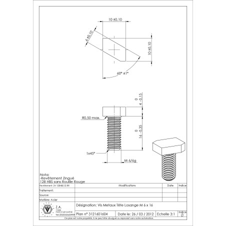 1 x Tornillo metales cabeza rombo M6X16 Acero cincado blanco 128 Horas niebla salina sin óxido rojo