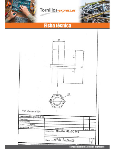 1 x Casquillo hexagonal Bicromato 8X20 M5 en...