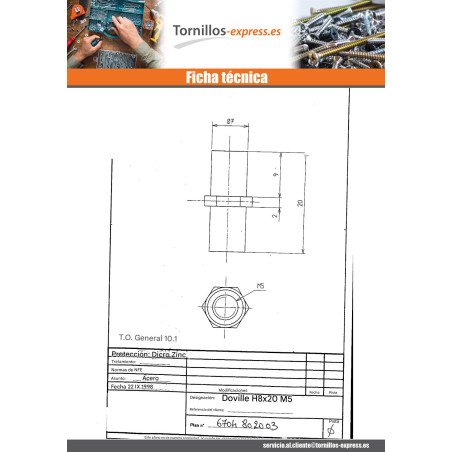 1 x Casquillo hexagonal Bicromato 8X20 M5 en plano 8