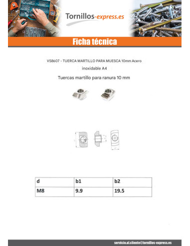 1 x Tuerca martillo 9,9 x 19,5 M8 Inoxidable A2