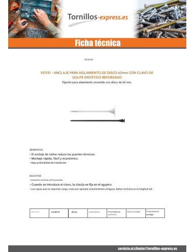 1 x Taco de aislamiento 10X220 y Clavo SINTÉTICO