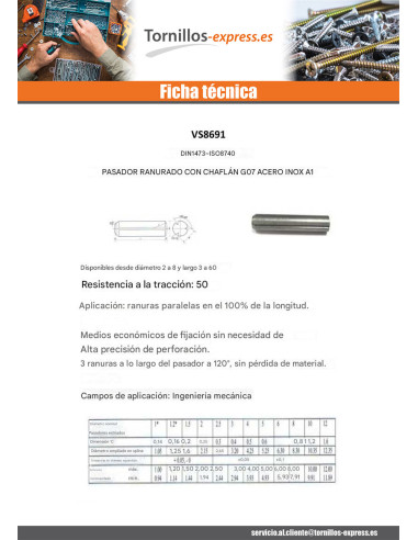 1 x Pasador estriado cilíndrico con chaflán G07...