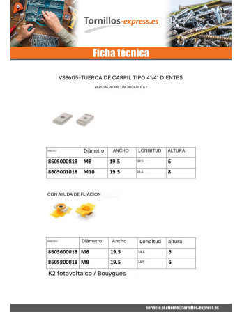 1 x Tuerca de carril Inoxidable A2 19,5 x 34 x...