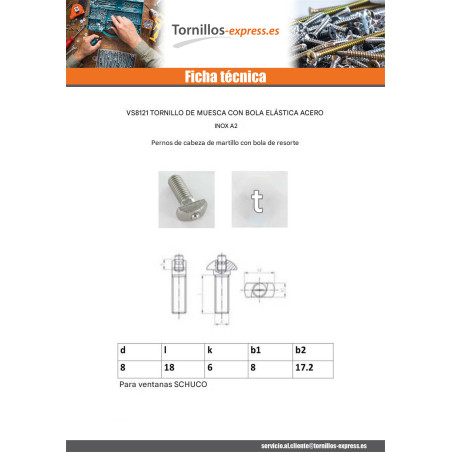 1 x Tornillo metales PELOTA ELAST M8X22 8X17.2 Inoxidable A2