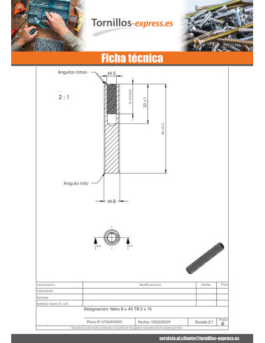 1 x Varilla roscada Acero bruto M8X45 perforada...