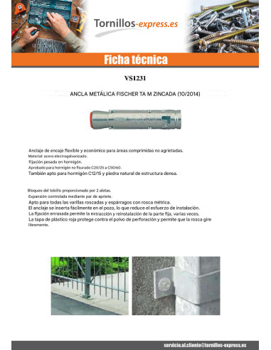 1 x Taco metálico Fischer TAM12 M12X86 Acero...
