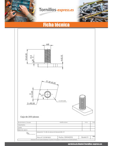 1 x Tornillo metales T.LOSANGE M8X18 Acero...