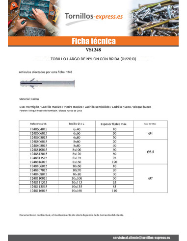 1 x Taco Nylon larga reborde 6X80 para Tornillos 4