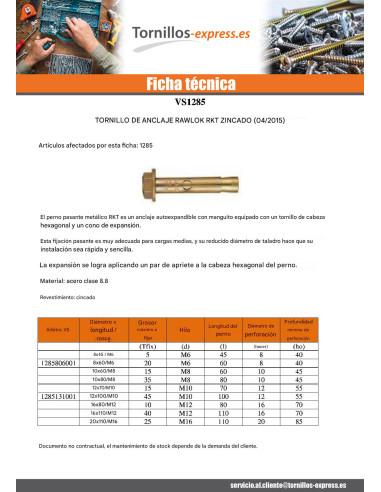 1 x Perno metal RKT 8X60 M6 Acero cincado blanco
