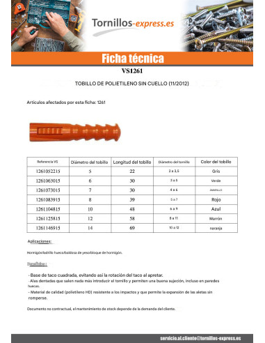 1 x Taco POLIETILENO RAM R 10X48 sin reborde