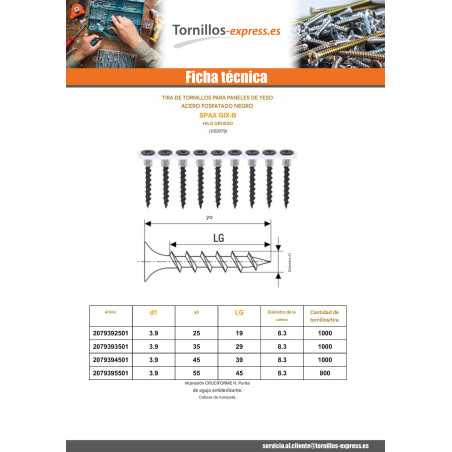 1 x Tira de tornillos para placas de yeso para pistola 50 Spax GIX-B 3.9X25 Acero fosfatado