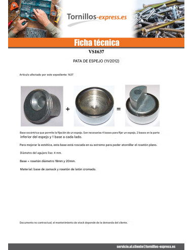 1 x Espiga metal Latón cromo +BASE Zamack para...