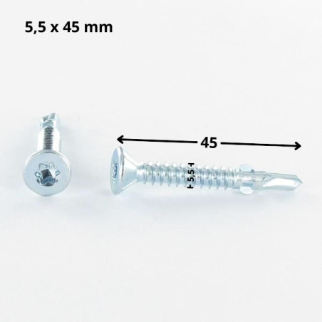 1 x Tornillo autoperforante cabeza fresada/testa svasat TORX T30 5.5X45 dentada y aletas Acero cincado blanco