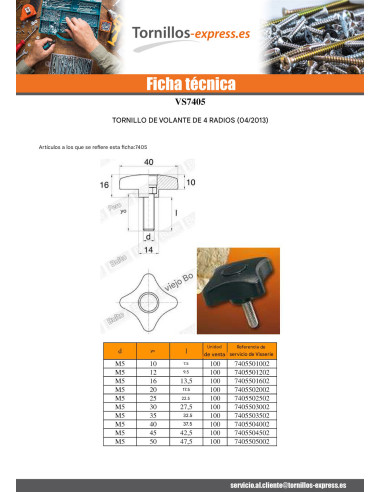 1 x Punta Ajuste 4 SUCURSALES M6X40 nylon nero