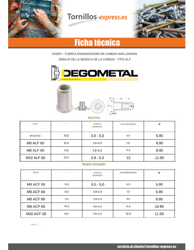 1 x Tuercas Remachables cabeza fresada/testa...