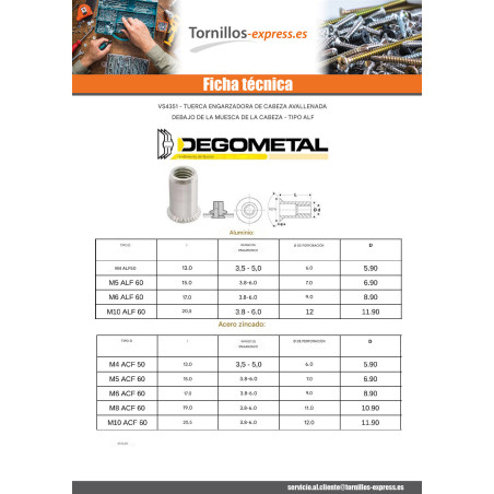 1 x Tuercas Remachables cabeza fresada/testa svasat M10X20.5 ACF 60