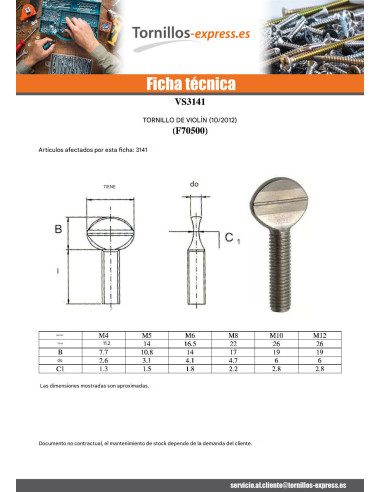 1 x Tornillo VIOLÍN M8X30 Acero cincado blanco