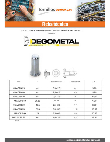 1 x Tuerca remachable cabeza plana ciego...
