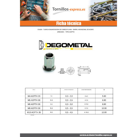 1 x Tuercas Remachables hexagonal cabeza plana M6X13.3 ACPTH 30 Acero cincado blanco