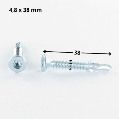 1 x Tornillo autoperforante cabeza fresada/testa svasat TORX T25 4.8X38 dentada y aletas Acero cincado blanco