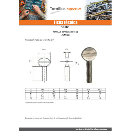 1 x Tornillo VIOLÍN M6X30 Acero cincado blanco