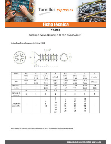 1 x Tornillo pvc TRILOBE cabeza fresada/testa...