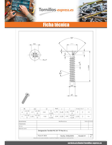 1 x Tornillo pvc cabeza fresada/testa svasat...