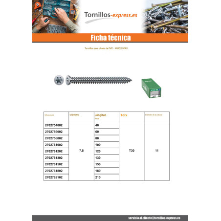 1 x Spax Tornillo para CHASIS PVC 7.5X80 TORX T30 WIROX