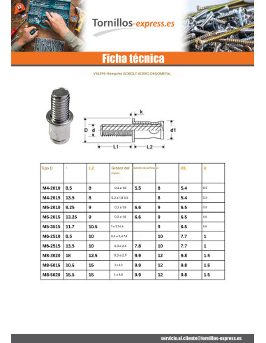 1 x Espárrago Remachable CEGADOR M6X10...